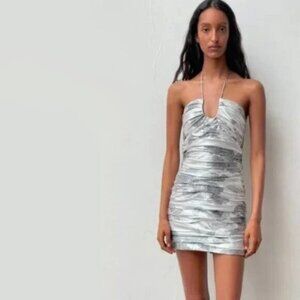 NWT Zara silver metallic floral jacquard mini holiday dress